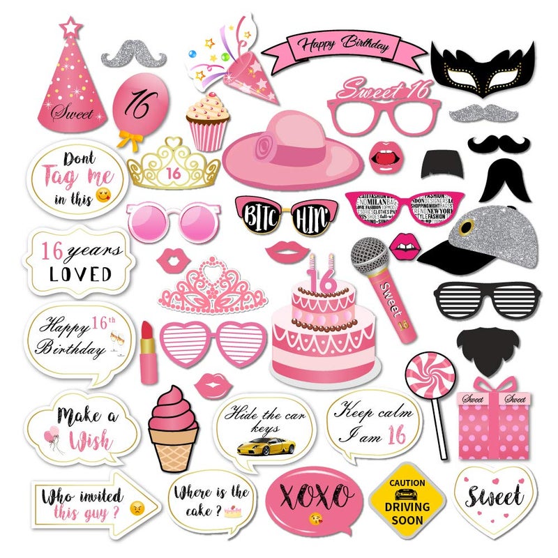 CC HOME Sweet 16 Photo Booth Props,Happy Sixteen Photo Booth Props for 16th Birthday Party Supplies for Girls 44 Pcs - Image 1